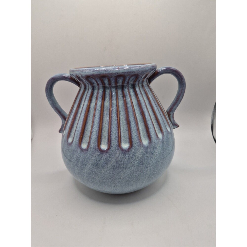 Glazed ceramic Two Handled Blue Grey Fluted Pottery Vase Bombay Company